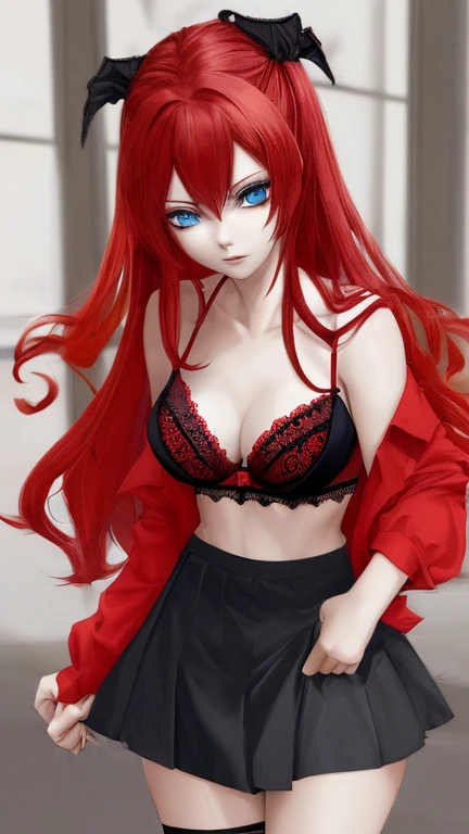 An anime girl with red hair and blue eyes wearing a skirt and an open shirt revealing a black and red lace bra