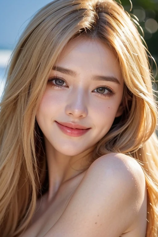 One girl,  Small breasts,, (8k, RAW Photos, highest quality, masterpiece:1.2),(Realistic, photo-Realistic:1.37),Very delicate and beautiful,8k,In detail,Beautiful fine details,highest quality,Ultra-high resolution,((Very detailed)),(photo-Realistic:1.37),(((Long Hair)))、((double eyelid))、((Natural beauty)).right eye:((Mole on outer corner of eye))、((Narrow waist))、(slender)、((Tear bags))、((Ocean))、Swim ring、Small area micro bikini、Various gravure poses、(((Blonde)))、smile、(Beautiful feet)