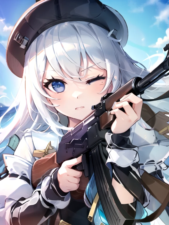 masterpiece, best quality, girl face, one eye closed, blue eye,, akm, fusil de asalto, kalashnikov rifle,