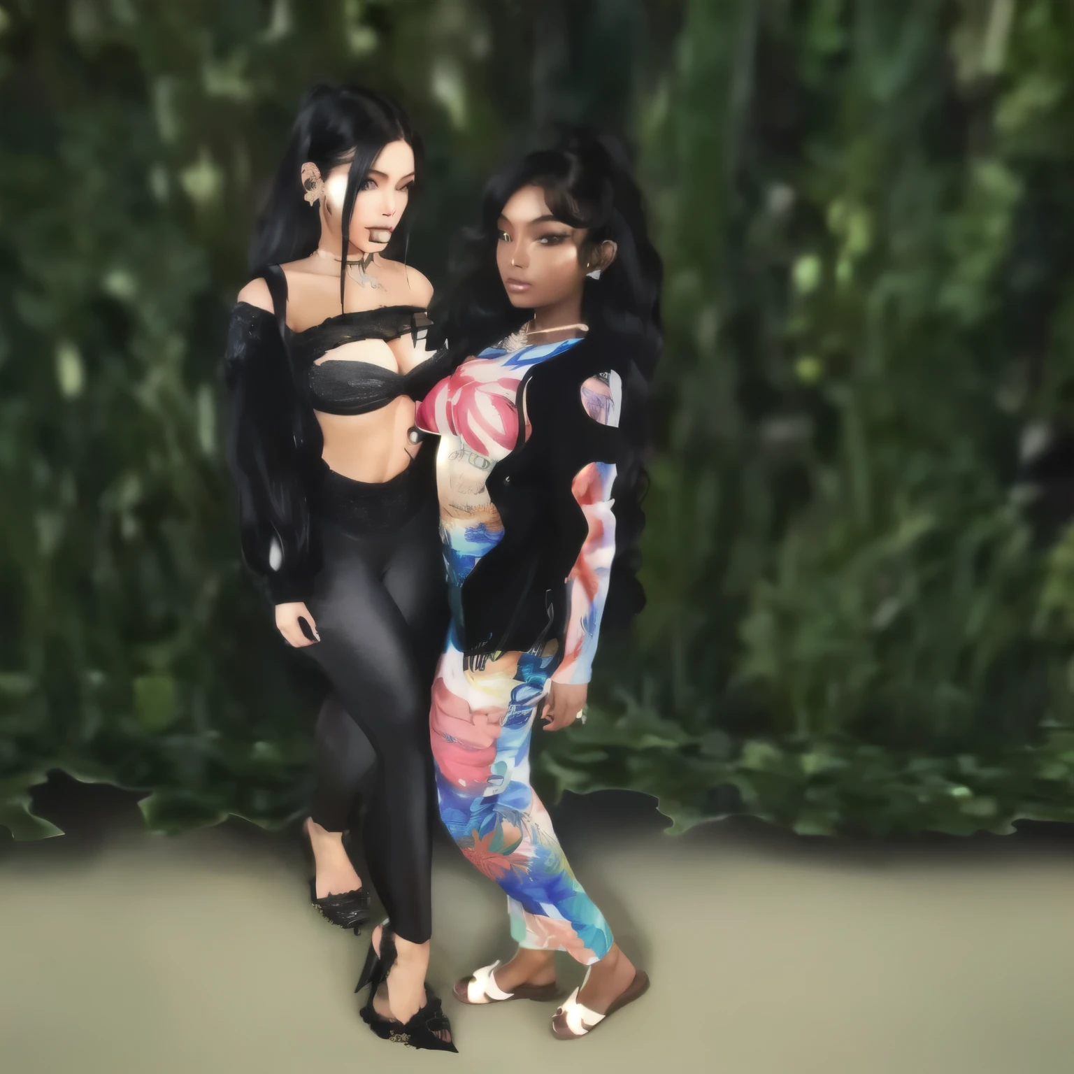 there are two women standing next to each other in a field, imvu, ( ( dark skin ) ), inspired by Wang Duo, charli bowater and artgeem, second life avatar, monet and da vinchi art style, smooth in _ the background, ☁🌪🌙👩🏾, near the beach, secondlife, looking this way