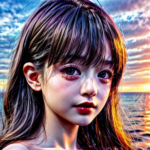 (Acutance:0.85), Masterpiece 8K (Ultra-detailed RAW photorealistic:1.37), Tiny girl wearing tube-top dress、Tropical Beach、evening、Stroll along、(Gazing at the sunset, colorful sky)、(Orange rays illuminating face, close-up:1.4), Gust of wind . (((Extremely detailed NOGIZAKA face))), perfect ???????, Childish, captivating gaze, elaborate detailed Eyes with (sparkling highlights:1.3), long eyelashes、Glossy RED Lips with beautiful details, Coquettish tongue, Rosy cheeks, (Radiant natural skin) with clear transparency . { (Dynamic joyful expressions) | (:d) }, (Light Particle;1.25, God rays), (no Large eyes).