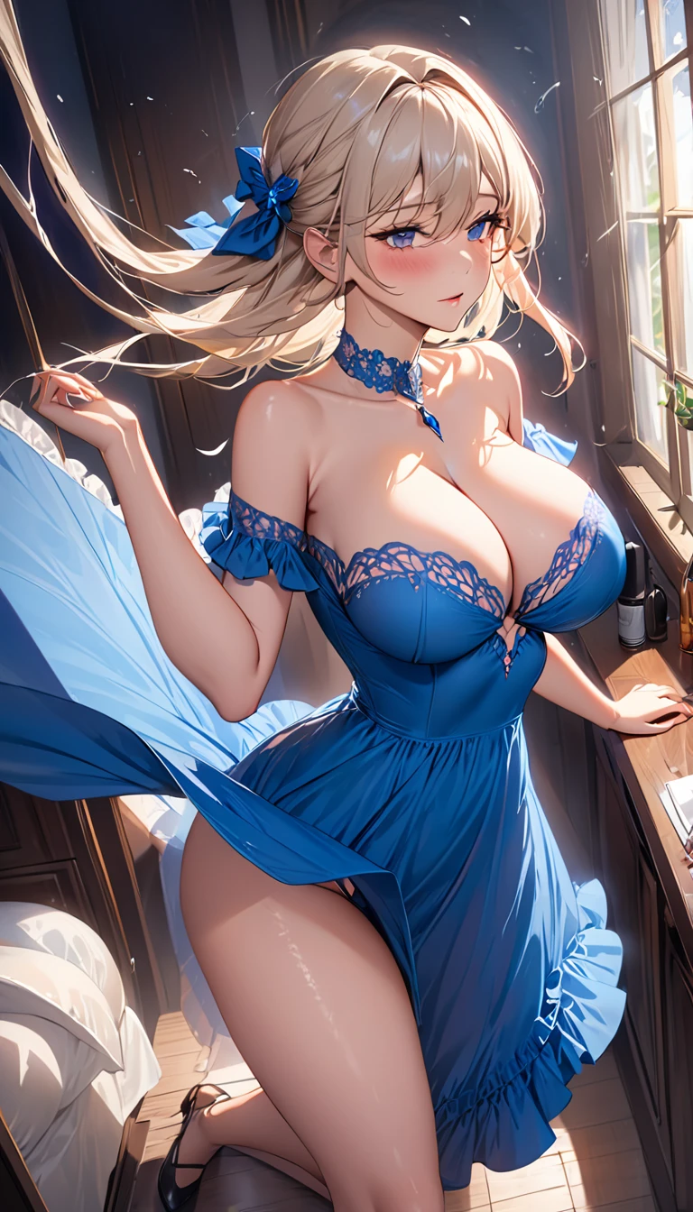 masterpiece:1.4,best-quality,Super Detail,Very Delicate and Beautiful, ((( nsfw, sex, beautiful slutty woman, brothel, high-waisted color dress, orgasming, sexual excitation ))), (( thong panties, slobber )), very gigantic breasts, cleavage, very slender, off-shoulder, perfect face, full body