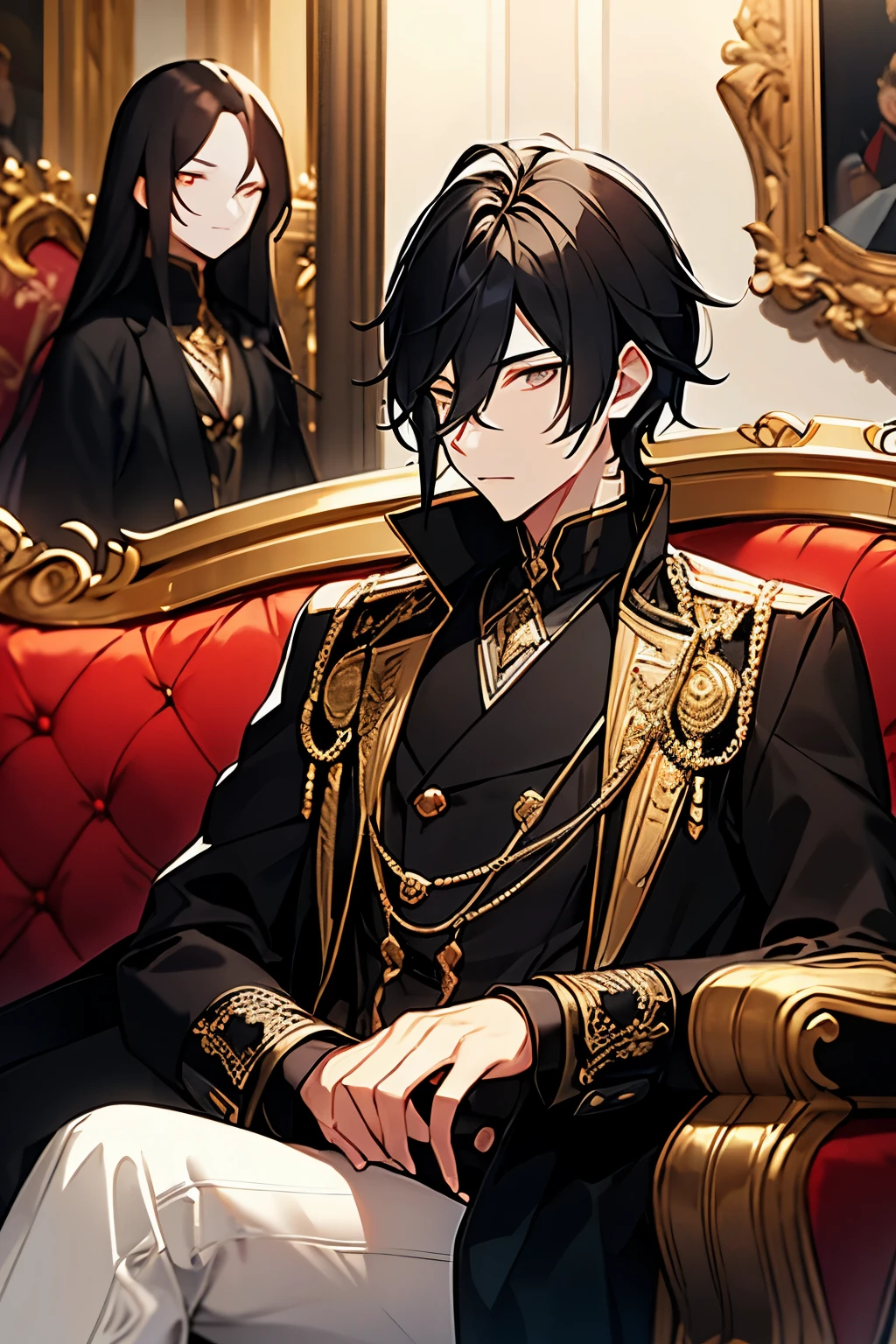 Medieval aristocracy, black long trench coat, gold embroidery in the shape of a rose on the collar, young guy, black hair, hair partially covers eyes, golden eyes, character sitting on a red sofa, luxurious surroundings