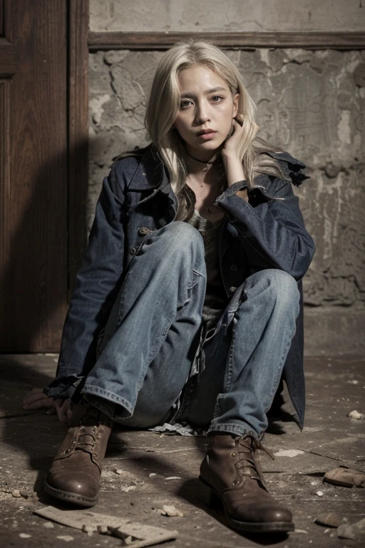 ((Suspense scenes ((concept art)), Very detailed，There was a girl wearing blue jeans, Brown coat and boots)), (Better lighting, Better shadows, Extremely subtle and terrifying), (Digital Illustration), ((4K )), [(Dynamic angle,((1 Girl)),white hair, (Pretty Face, Perfect face, scared,) Expression of fear, Torn clothes, With a gun in hand, Sitting on the floor, darkness, House of Horrors),  [:(dark, mystery, Game Paint, Harsh environment, Zigzag corridor, big house, Dead):]