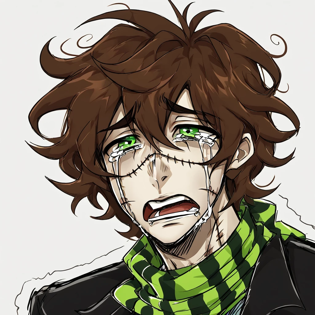 1man,mature male,  stitches, scarf,  coat, halfbody, grunge, sketchy lines, messy hair, green eyes, evil, brown hair, open mouth, crying