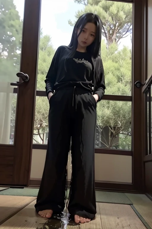 Japanese Girl sees the ghost and pees her black palazzo pants until her pants are wet in fright.