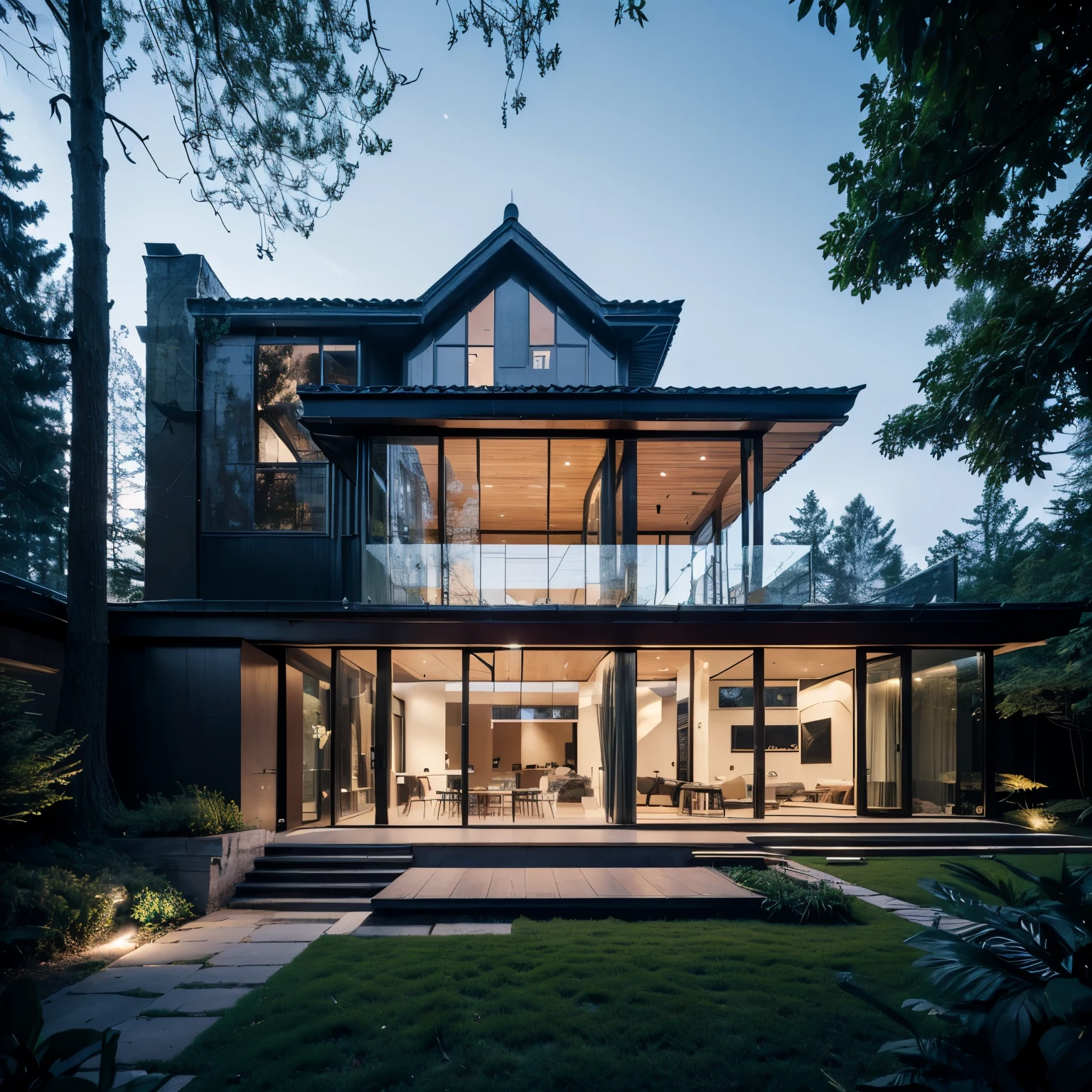 modern villa exterior, glass facade, iron frames, beautiful wooden frame, forest, high trees, (best quality,4k,8k,highres,masterpiece:1.2),ultra-detailed,(realistic,photorealistic,photo-realistic:1.37),professional photograph,landscape,vibrant colors,dramatic lighting,cinematic composition,architectural masterpiece,intricate details,symmetry,natural environment
