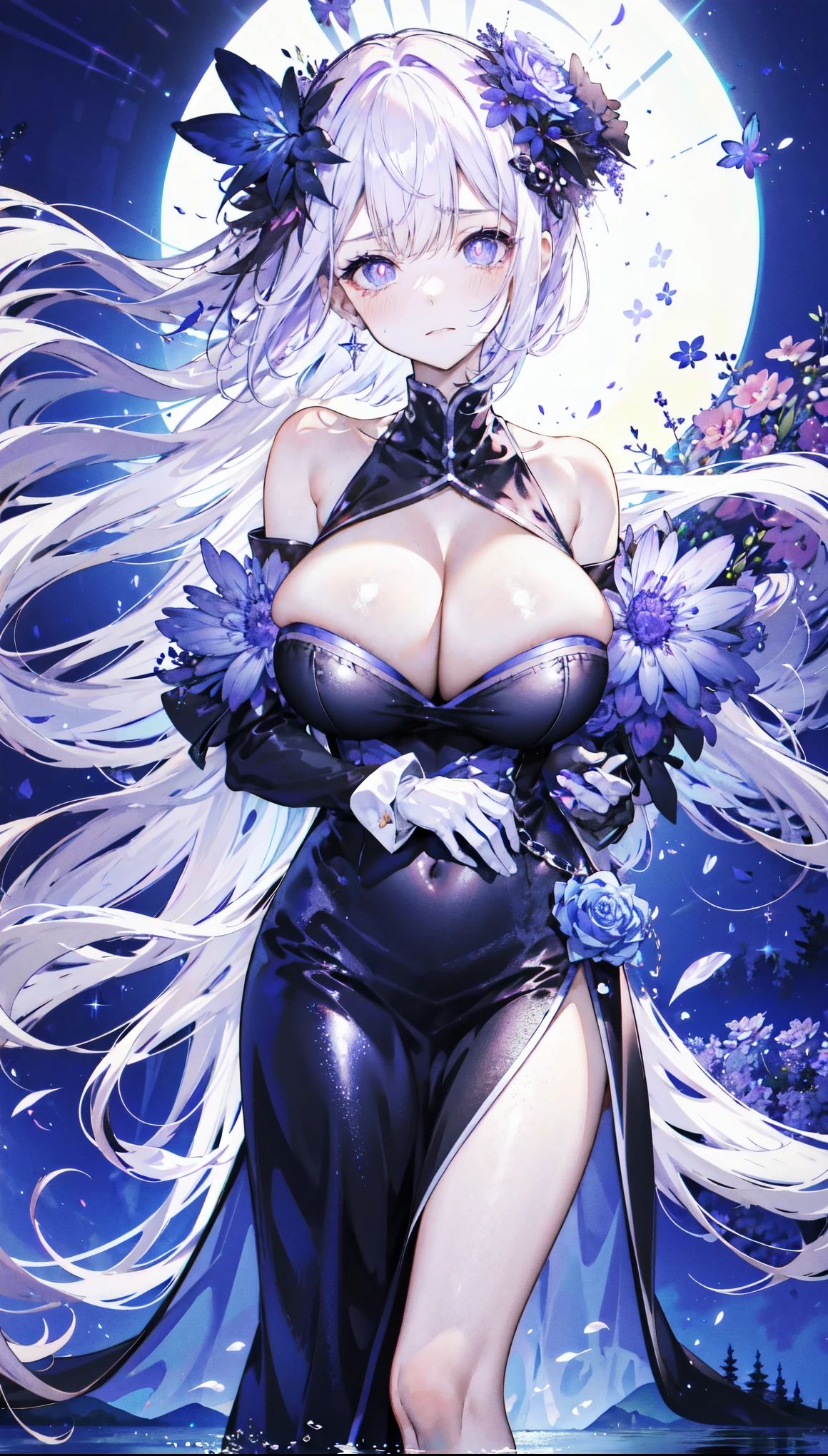 ((masterpiece:1.4,best quality)),(Super detailed),(Extremely detailed eyes),(black leggings,Shiny socks:1.5),Hello Darkness
(Cute girls),,(Blood-red pupils,Diamond-shaped pupil:1.15),Purple Eyeshadow,(elongated hair,Thick hair,Single ponytail,shiny hair:1.5)(Changes through:1.2),White skin,despair,sad,Empty eyes,tears streaming down my face,tilting its head to the side,kneel
(She wears blue armor,A blue dress,:1.5),(Black gloves:1.4)Very long plush sleeves,White,White Cloud,Dream bubbles ,Ice and glitter effects
(Black long skirt:1.1),
(dawn:1.2),
(Intense black and white:1.16),(Depth of Field:1.4),,Intricate details,(((Castle in the Sky,Standing by the lake,Purple flowers by the lake))),(((Huge breasts,Bare breasts,Deep cleavage)))