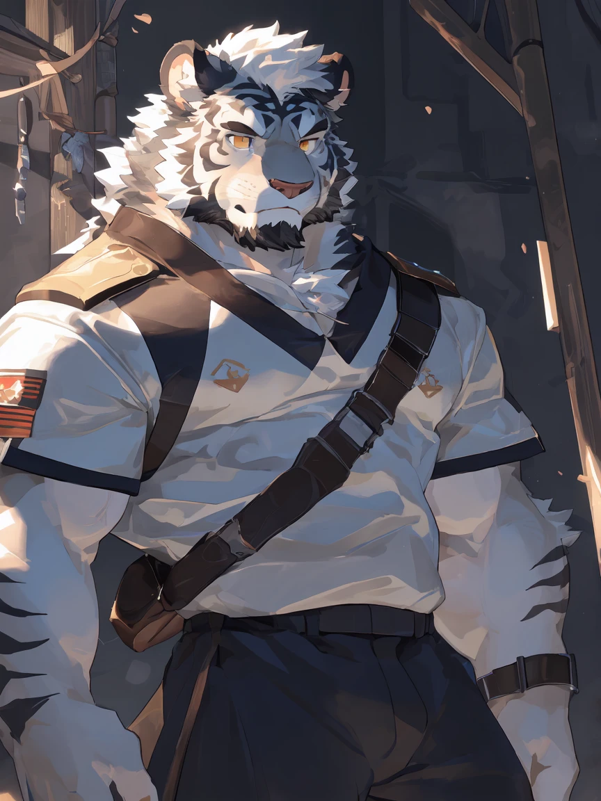 (White skintiger),(上Half Body赤膊:1.7),(Wearing a pair of sports shorts1.4),(Holding a long sword),(great gesture),Half kneeling,(The background is dark, Damp and gloomy dungeon.:1.5),(Abdominal muscles),heroic飒爽,完美的masterpiece,Various facial details,Close-up view,specific description,masterpiece,(CG),(Golden Eyes),black and white pattern,Black and white tail,Military commander,heroic,tiger,Black and white fur，Specific facial details,Half Body,(Chang Ling),((middle aged)),(Face focus),(16K),(HD),Black and white belly，beard,(Facial lines),(Heterochromia,),(Black and white hair),(Strong:1.2),(muscle:1.3),(high resolution:1.3),(close up),(Delicate face:1.5)，Perfect details,(whole body),(Detailed depiction of face:1.5),(Zoom in on the face:1.5),(白色Facial lines:1.2),(黑色beard:1.3),(white face:1.6),(White body),(White skin,black bars:1.3),(Fair cheeks:1.5),(Dark facial complexion1.3),CG,