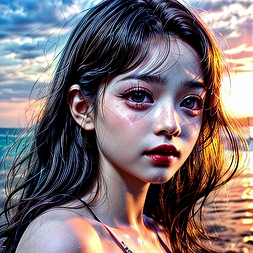 (Acutance:0.85), Masterpiece 8K (Ultra-detailed RAW photorealistic:1.37), Tiny girl wearing tube-top dress、Tropical Beach、evening、Stroll along、(Gazing at the sunset, colorful sky)、(Orange rays illuminating face, close-up:1.4), Gust of wind . (((Extremely detailed NOGIZAKA face))), perfect anatomy, Childish, captivating gaze, elaborate detailed Eyes with (sparkling highlights:1.3), long eyelashes、Glossy RED Lips with beautiful details, Coquettish tongue, Rosy cheeks, ((Radiant natural skin) with clear transparency) . { (Dynamic joyful expressions) | (:d) }, (Light Particle;1.25, God rays), (no Large eyes).