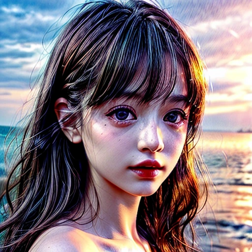 (Acutance:0.85), Masterpiece 8K (Ultra-detailed RAW photorealistic:1.37), Tiny girl wearing tube-top dress、Tropical Beach、evening、Stroll along、(Gazing at the sunset, colorful sky)、(Orange rays illuminating face, close-up:1.4), Gust of wind . (((Extremely detailed NOGIZAKA face))), perfect anatomy, Childish, captivating gaze, elaborate detailed Eyes with (sparkling highlights:1.3), long eyelashes、Glossy RED Lips with beautiful details, Coquettish tongue, Rosy cheeks, ((Radiant natural skin) with clear transparency) . { (Dynamic joyful expressions) | (:d) }, (Light Particle;1.25, God rays), (no Large eyes).