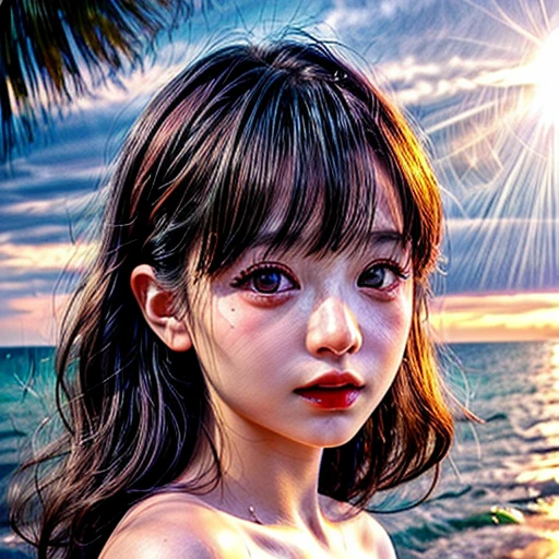 (Acutance:0.85), Masterpiece 8K (Ultra-detailed RAW photorealistic:1.37), Tiny girl wearing tube-top dress、Tropical Beach、evening、Stroll along、(Gazing at the sunset, colorful sky)、(Orange rays illuminating face, close-up:1.4), Gust of wind . (((Extremely detailed NOGIZAKA face))), perfect anatomy, Childish, captivating gaze, elaborate detailed Eyes with (sparkling highlights:1.3), long eyelashes、Glossy RED Lips with beautiful details, Coquettish tongue, Rosy cheeks, ((Radiant natural skin) with clear transparency) . { (Dynamic joyful expressions) | (:d) }, (Light Particle;1.25, God rays), (no Large eyes).