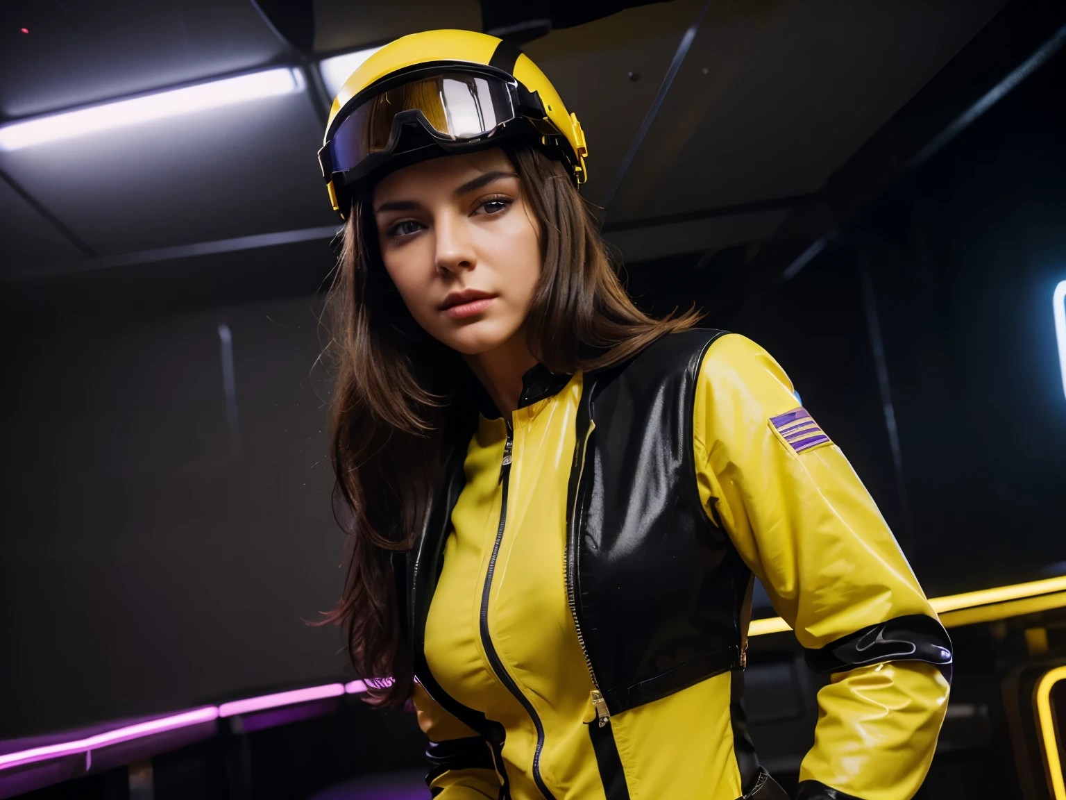 a beautiful caucasian woman in a yellow and black striped flight suit, detailed face with striking features, aviator sunglasses, flight helmet, gloves, posing in a strip club with purple and yellow neon lights, atmospheric hazy lighting, fun atmosphere, cinematic camera angle, highly detailed, photorealistic, 8k, hdr, no words