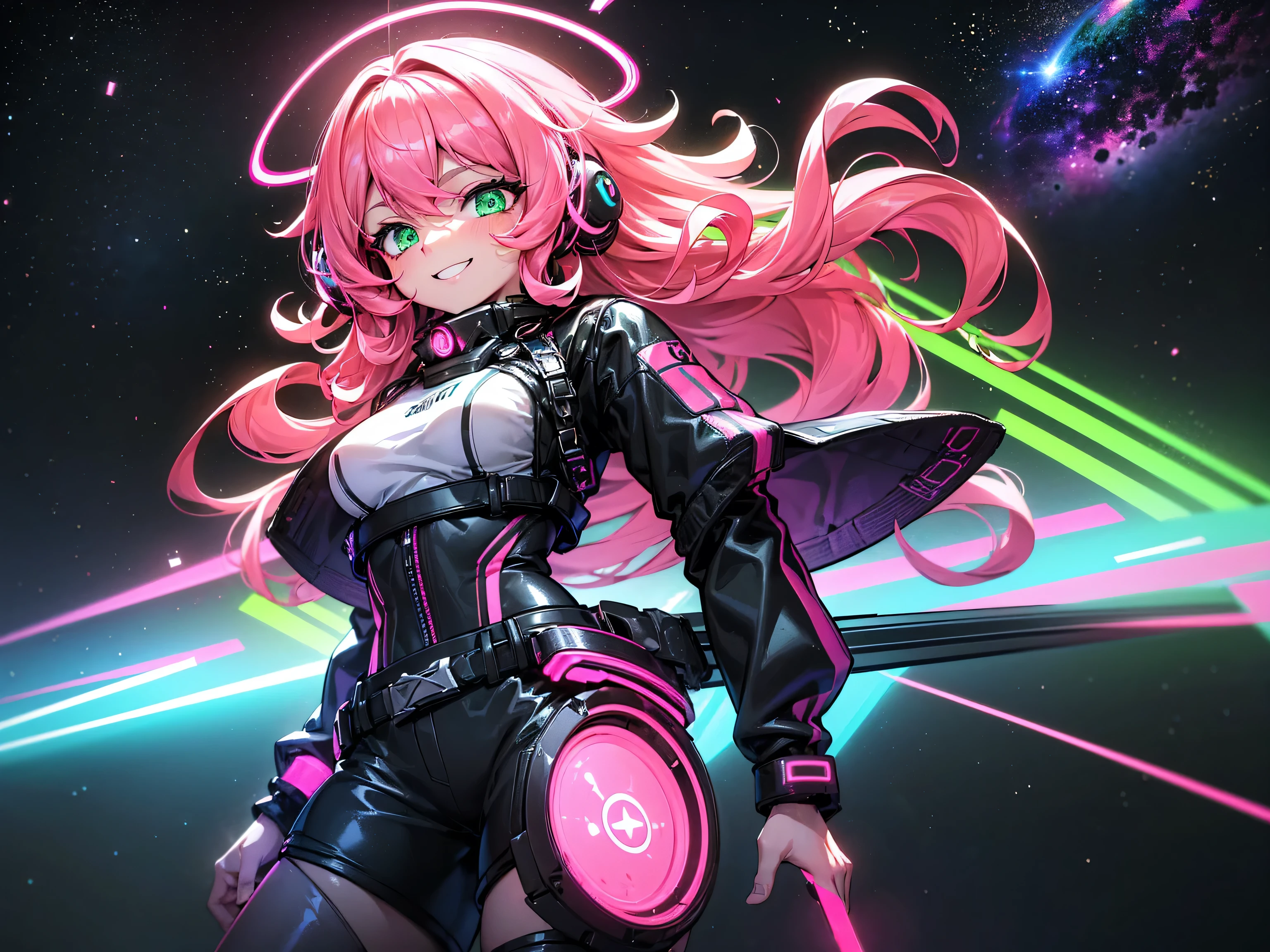 masterpiece:1.4, 1girl ((20year old, dressed in long sleeve shirt, tight black shorts, sneakers, medium breasts, multicolor pink hair, curly long hair, green eyes:1.4, Wearing headphones, happy, smiling, close up, floating in outer space:1.1 galaxy and earth in background:1.1, neon and energetic atmosphere:1.2)) ((nighttime)) ((solo:1.6))