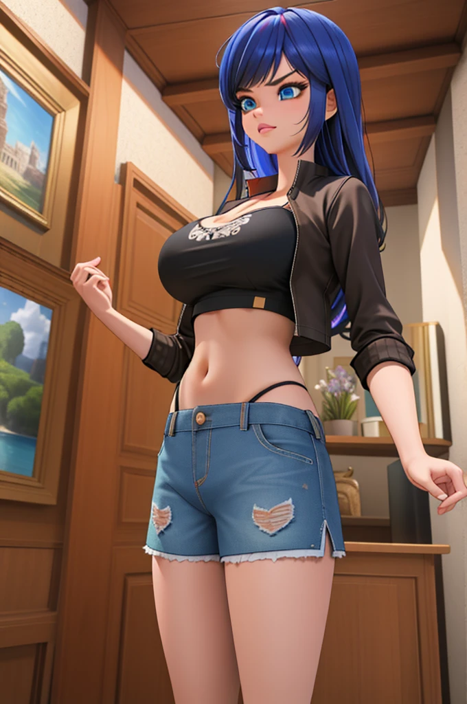 (8k, RAW photo, best quality, masterpiece:1.2), (intricate details), perfect eyes, perfect face, perfect lighting, beautiful, (masterpiece:1.2), (best quality:1.2), 1girl, solo, marinette, blue hair, (( loosen hair, bangs )), adult torso, 19 years old, angry, huge sized breasts, ( crop top, shorts), cowboy shot, 3DMM, standing, front view, 