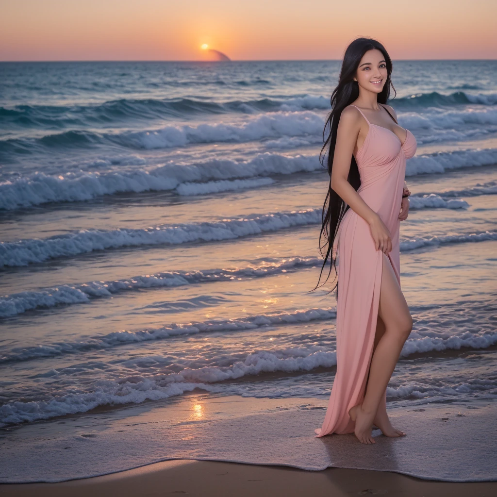 1 Beautiful woman,Have a perfect body, ((Large Breasts)),long black hair,Light pink dress,at the seaside,At the beach,Sunset,Full body photography,Eyes looking at camera,character-centered,smile