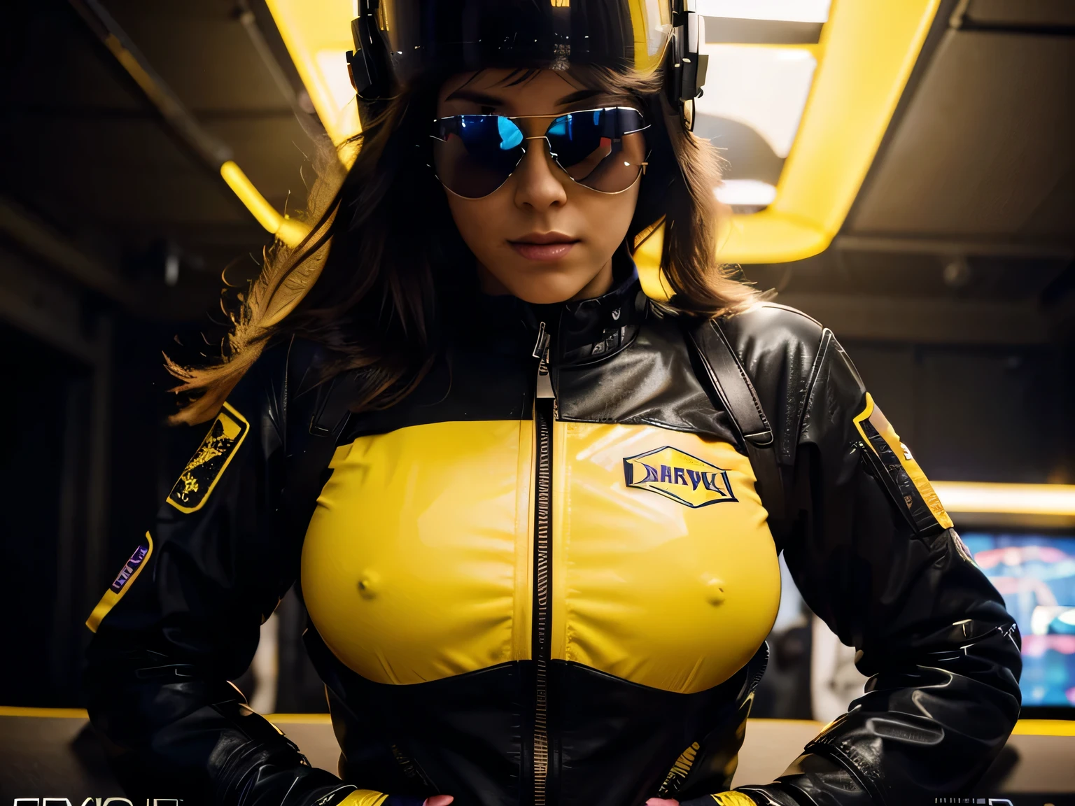 a beautiful caucasian woman stripper in a yellow and black jet fighter pilot flight suit, detailed face with striking features, aviator sunglasses, flight helmet, gloves, posing in a strip club with purple and yellow neon lights, atmospheric hazy lighting, fun atmosphere, cinematic camera angle, highly detailed, photorealistic, 8k, hdr, no words