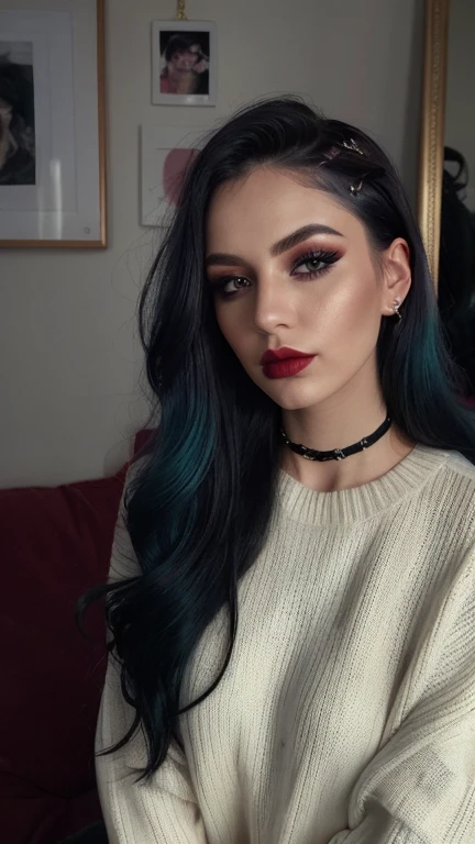 raw photo, (27yo petrol hair girl:1.2), makeup, graphic eyeliner, rouge, (choker:0.9), realistic skin texture, oversize knit sweater, (red:0.8), softcore, warm lighting, cosy atmosphere, instagram style, realistic