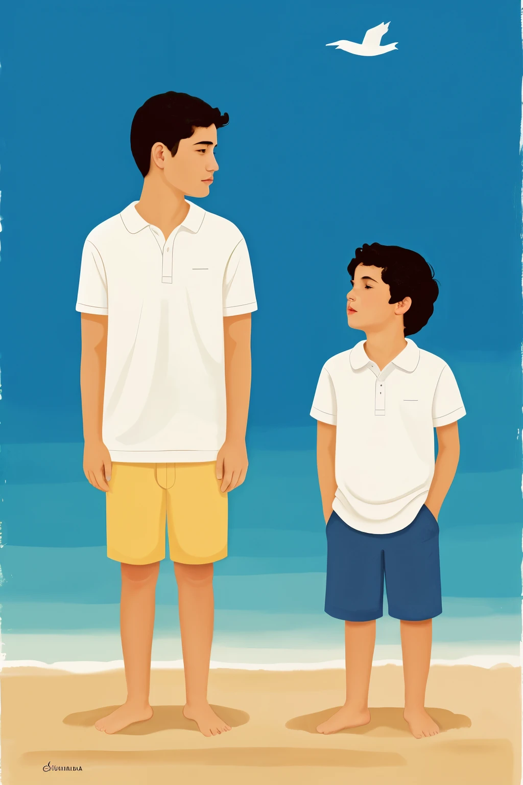 A serene background with an illustration of a and an adult, separados por uma linha pontilhada, representing the transition from emotional control from childhood to adulthood.