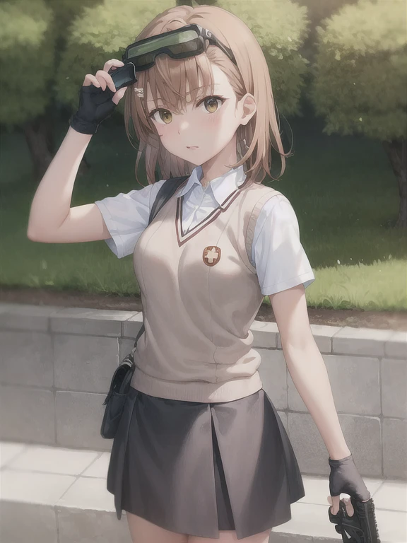 obra maestra, mejor calidad, 1 chica, Misaka 10032, arma, solo, pistola, rifle, by the chestnut, uniforme escolar tokiwadai, fusil de asalto, guantes, misaka imouto, , bufanda, Brown eyes, rodilleras, safety glasses, tree, falda, cabello corto, medias, desencadenar la disciplina, carabina m4, pantalla montada en la cabeza, sweater vest, session, fingerless guantes, alcance, Mikoto went up, safety glasses on head, loose medias, botas