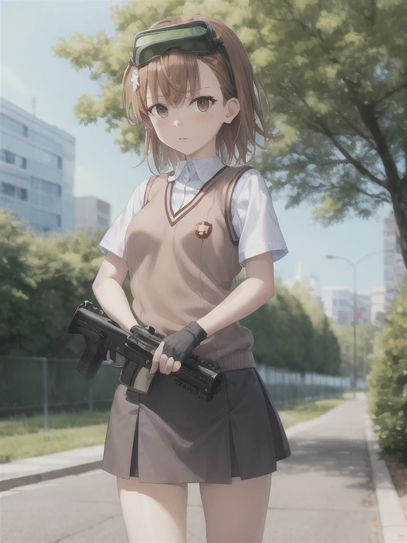 obra maestra, mejor calidad, 1 chica, Misaka 10032, arma, solo, pistola, rifle, by the chestnut, uniforme escolar tokiwadai, fusil de asalto, guantes, misaka imouto, , bufanda, Brown eyes, rodilleras, safety glasses, tree, falda, cabello corto, medias, desencadenar la disciplina, carabina m4, pantalla montada en la cabeza, sweater vest, session, fingerless guantes, alcance, Mikoto went up, safety glasses on head, loose medias, botas