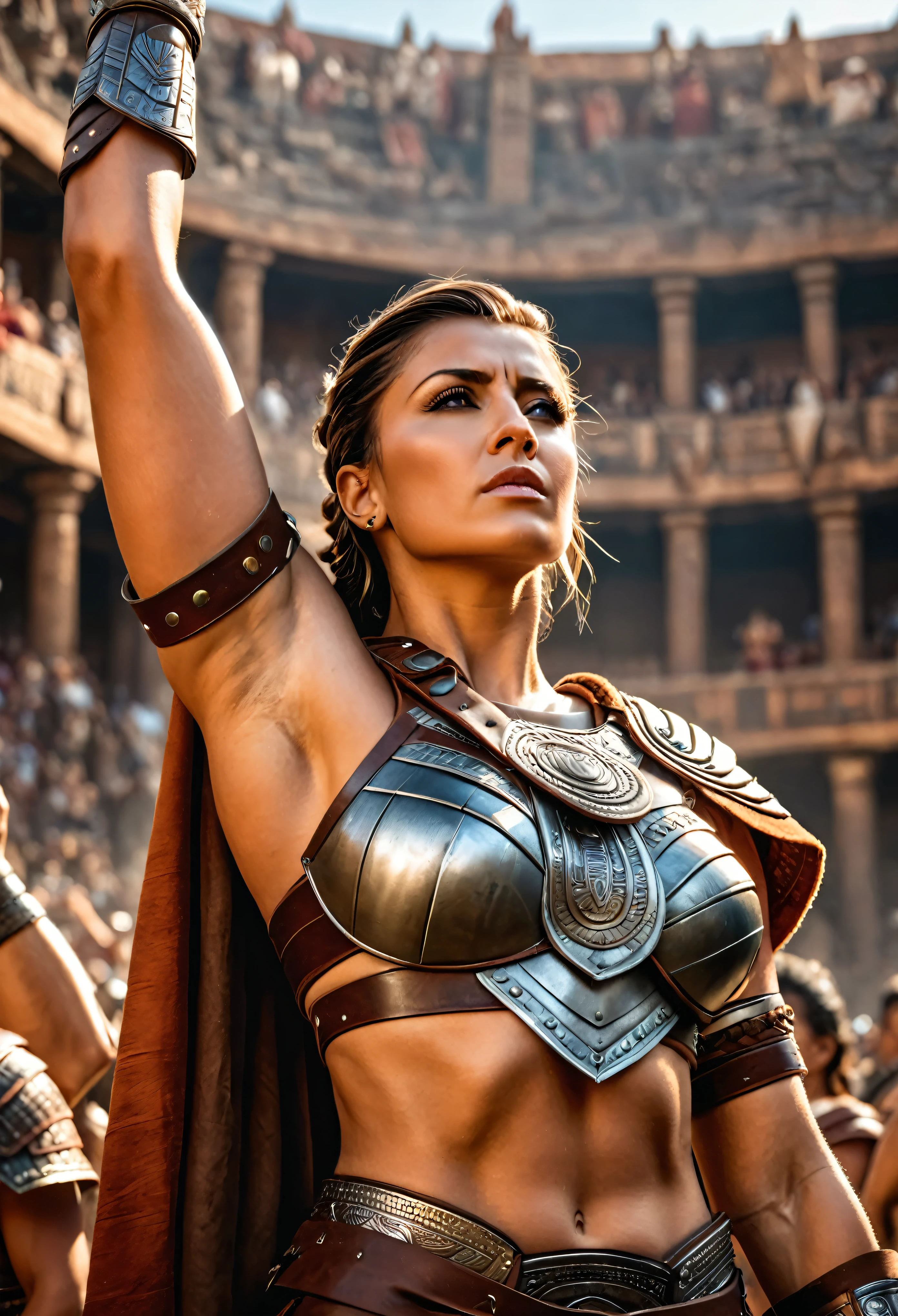close up, photorealistic, (masterpiece:1.3), (best quality:1.3), beautiful, (intricate details), unity 8k wallpaper, ultra detailed, beautiful, aesthetic, perfect lighting, crowd around WestGark, very strong woman, (muscular:1.2), wearing leather plastron armor, highly detailed armpits, wearing toga, hunting, (aztec temple background:1.0), (perfect hands:1.2),,