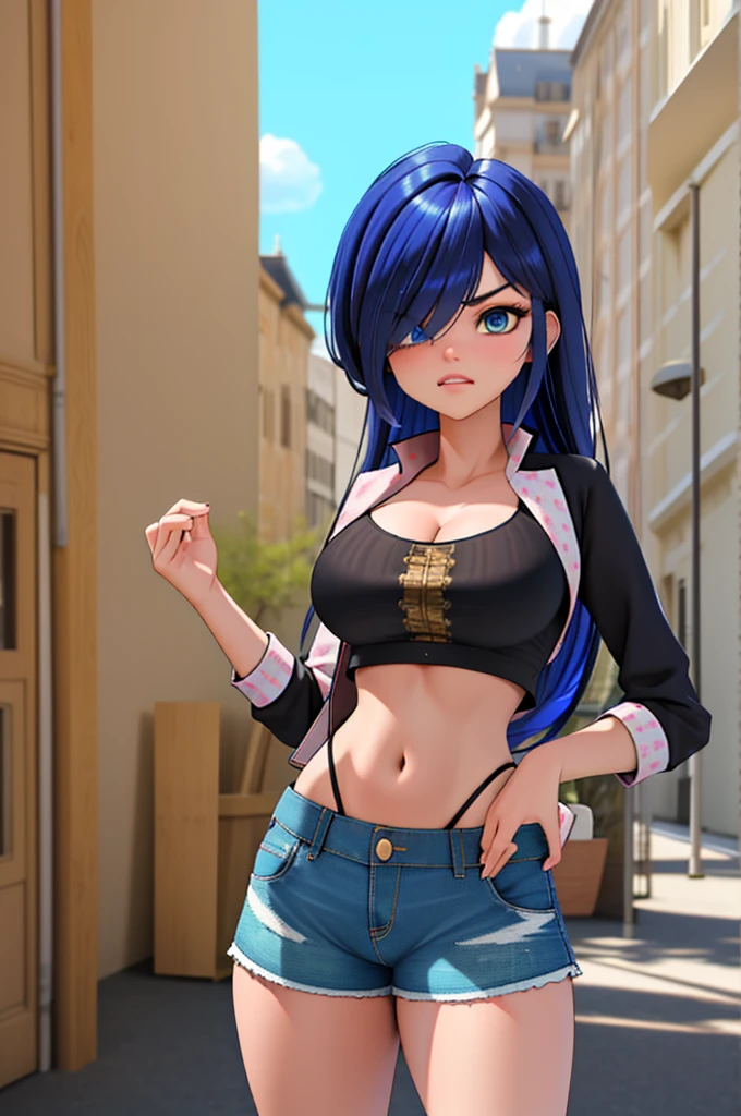 (8k, RAW photo, best quality, masterpiece:1.2), (intricate details), perfect eyes, perfect face, perfect lighting, beautiful, (masterpiece:1.2), (best quality:1.2), 1girl, solo, marinette, blue hair, (( loosen hair, bangs over one eye )), adult torso, 19 years old, angry, huge sized breasts, ( crop top, shorts), cowboy shot, 3DMM, standing, front view,