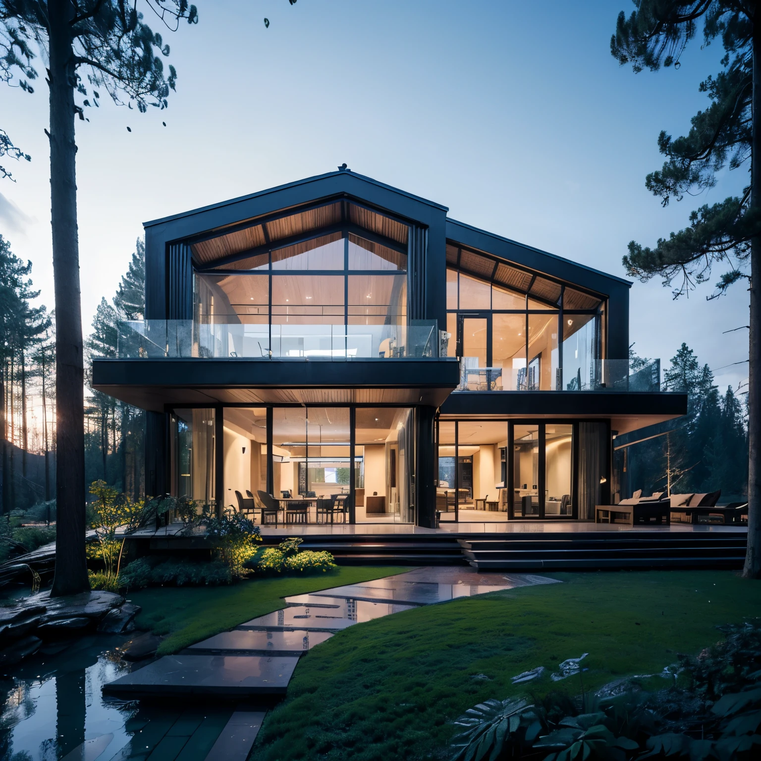 modern villa exterior, glass facade, iron frames, beautiful wooden frame, forest, high trees, (best quality,4k,8k,highres,masterpiece:1.2),ultra-detailed,(realistic,photorealistic,photo-realistic:1.37),professional photograph,landscape,vibrant colors,dramatic lighting,cinematic composition,architectural masterpiece,intricate details,symmetry,natural environment