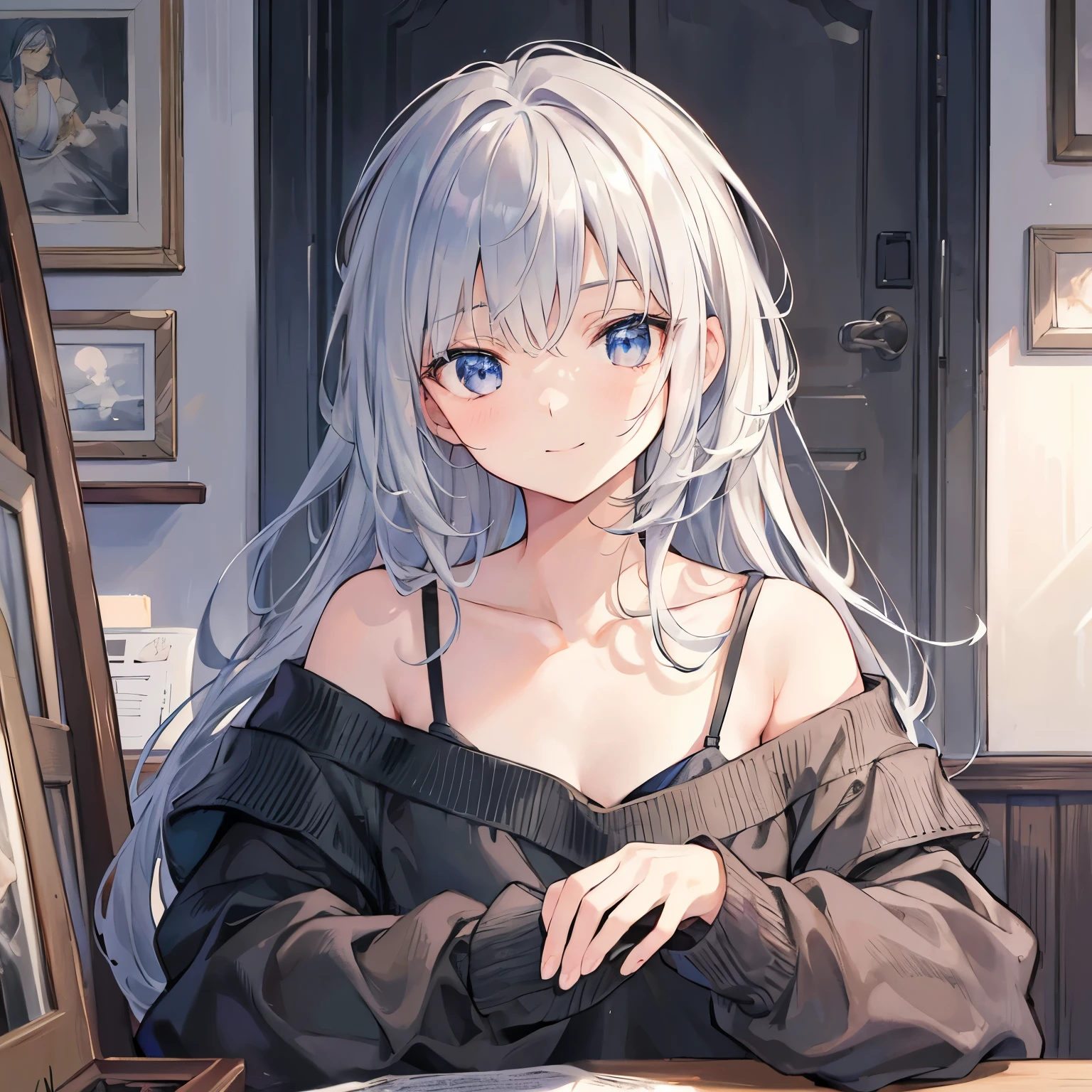 (best quality,4k,highres,masterpiece:1.2),gray hair,silver eyes,messy hair,off-the-shoulder,sweatshirt,medium,ultra-detailed,realistic:1.37,portrait,soft colors,warm lighting,aged appearance,grey color palette,vibrant eyes,freckles,long flowing strands,wise expression,mysterious aura,storytelling atmosphere,detail-rich painting.smile