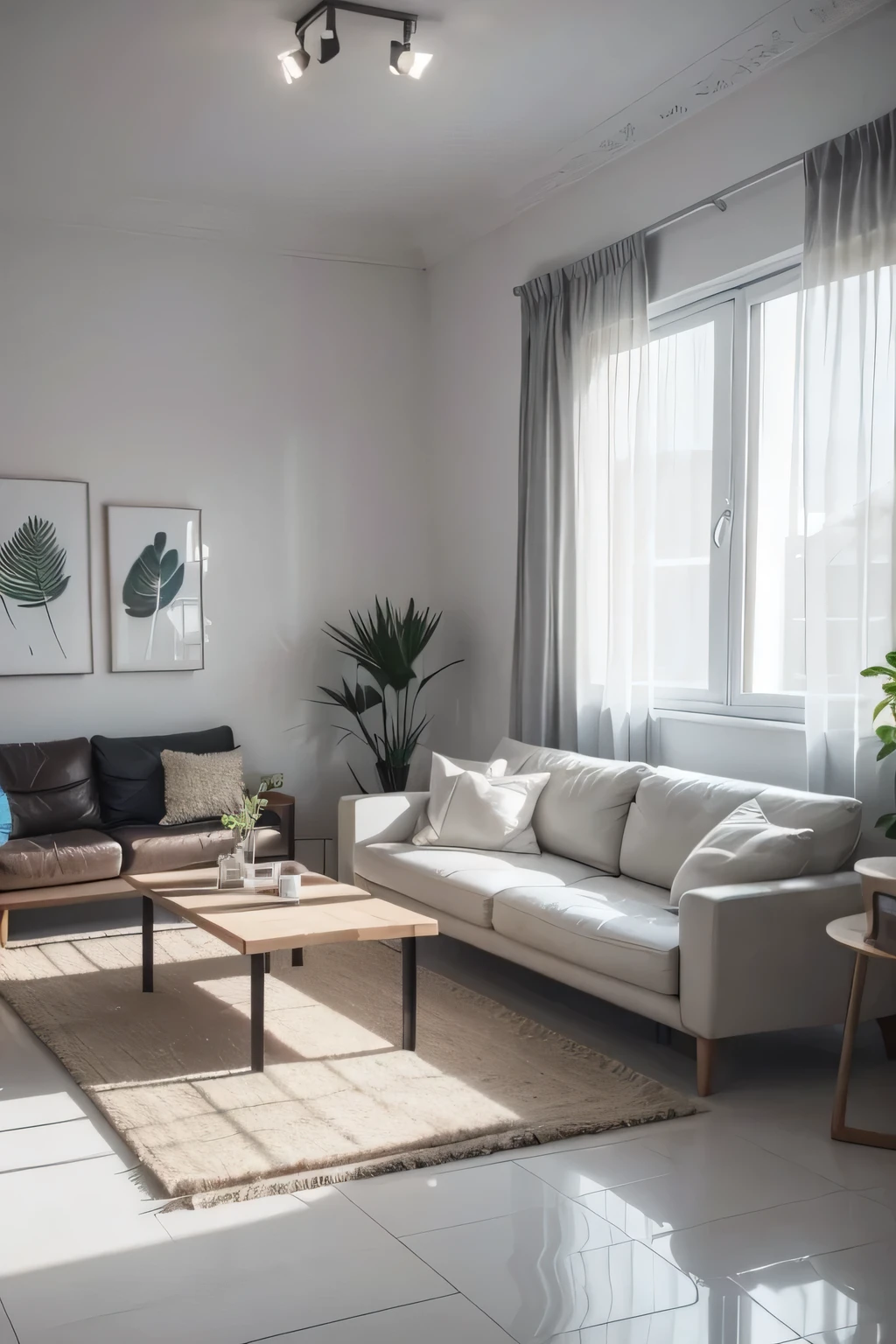 design de interiores,sala de estar,Estilo minimalista europeu,minimalista,Nordic,(Cinza e Branco),light-coloured furniture,Tela polygon,a 3D render、cozy indoor lighting、8K,terrazzo,janelas,Candeeiro de parede simples,Vento conciso,largo,floor to ceiling windows, ultrarealista 3D, bem iluminado