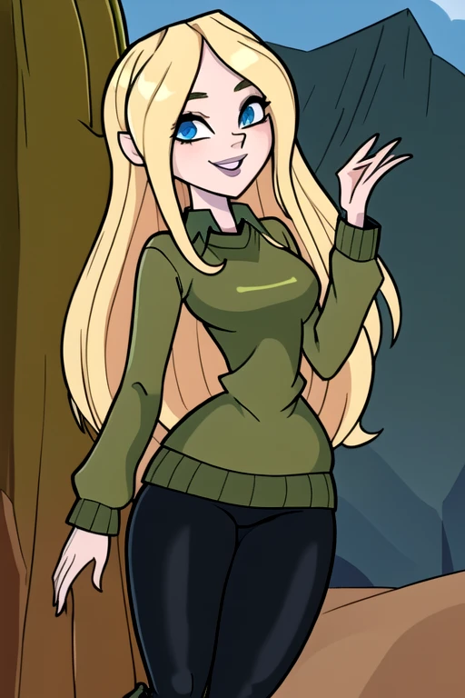 ((Best quality)), ((Masterpiece)), (detailed), (4K quality), (Detailed face:1.2), (Detailed eyes:1.2), (Perfect figure:1.2), absurdres, Dawn_Total_Drama, long blonde hair, bright blue eyes, pale skin, (Wearing: olive green sweater, black leggings, white boots:1.2), solo, smiling, looking at viewer, cowboy shot, cinematic composition, dynamic pose