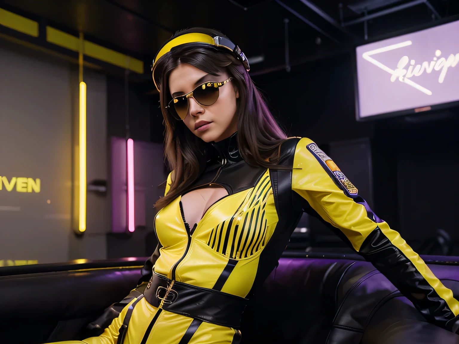 a beautiful caucasian woman stripper in a yellow and black striped flight suit, detailed face with striking features, aviator sunglasses, flight helmet, gloves, posing in a strip club with purple and yellow neon lights, atmospheric hazy lighting, fun atmosphere, cinematic camera angle, highly detailed, photorealistic, 8k, hdr, no words