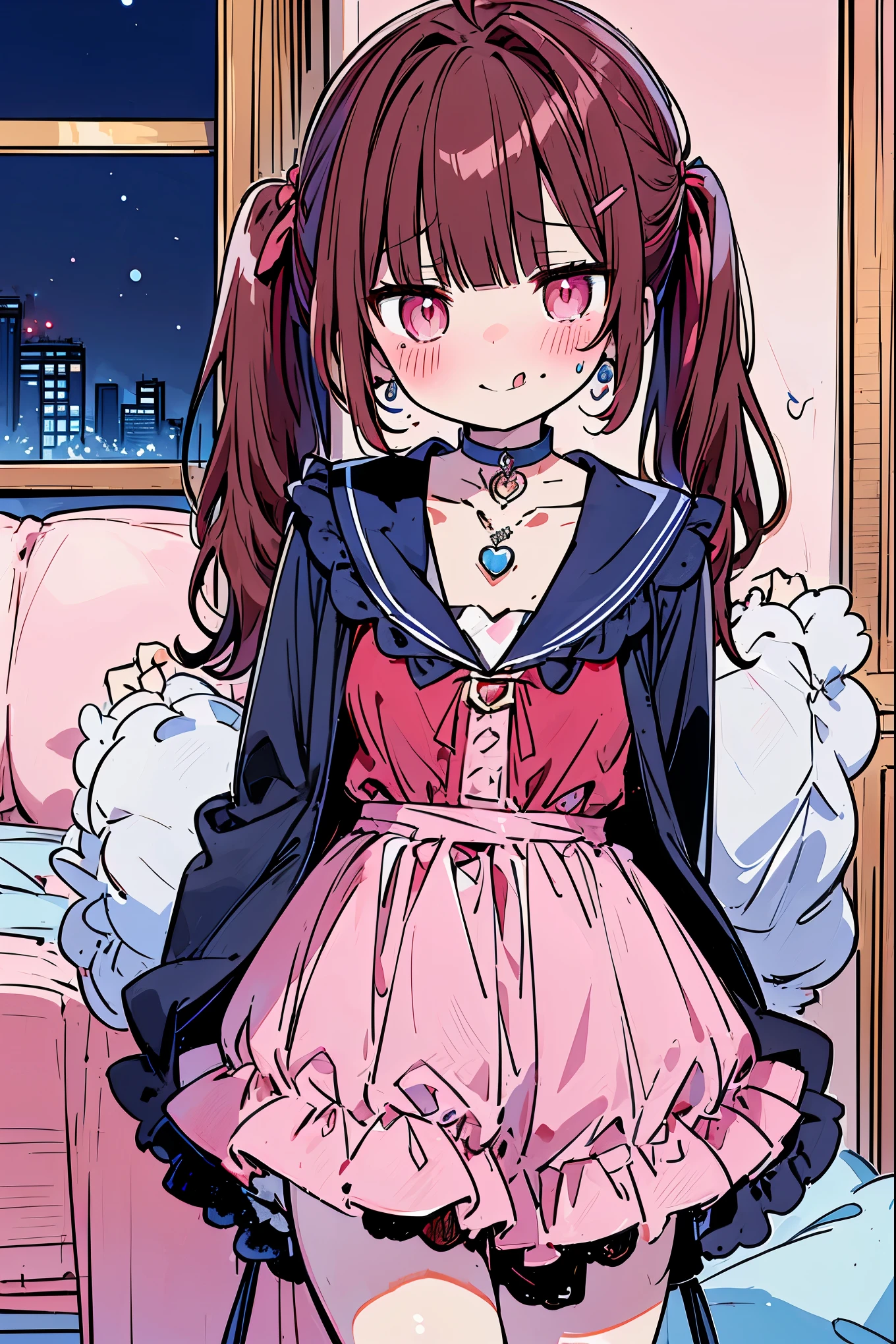 {{{{masterpiece}}}}, {{{Super detailed}}}, {{{high resolution}}},{{high resolution:1.3}}, {{good anatomy}}, (((best quality))), ((on the bed,indoor,blue theme,anime style,anime girl)),(((pink eyes,brown hair))),(big perfect eyes),((yandere,dark eyelash)),(((coat skirt,collarbone,red dress, jewelry, choker,necklace,dark atmosphere,night time))), hairclip, {8k cg wallpaper}, {{illustration,zoom in,focus on face,close-up shot, looking out a window}},((twintails|ahoge|floating hair|blunt bangs|short hair|curly))smile,(1girl:1), bride,solo,alone,(Color difference:1.2),(yandere smile,evil smile with Tongue,Dark circles),blushing,neat face,(medium breasts),((The details are complex、Shallow depth of field、weak lighting、a Canon EOS R5、50mm lens、f / 2.8、shot at 8k resolution))
