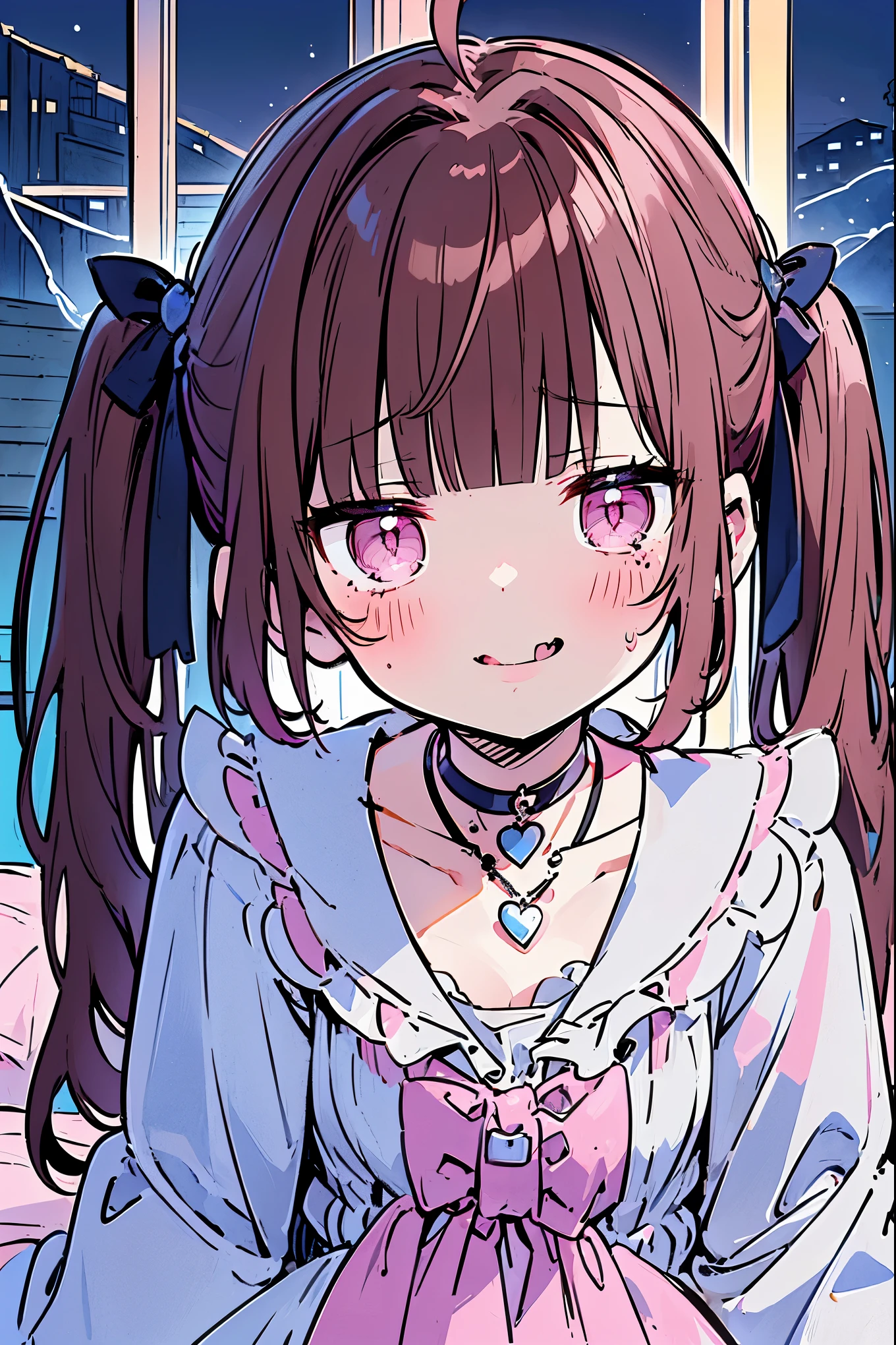 {{{{masterpiece}}}}, {{{Super detailed}}}, {{{high resolution}}},{{high resolution:1.3}}, {{good anatomy}}, (((best quality))), ((on the bed,indoor,blue theme,anime style,anime girl)),(((pink eyes,brown hair))),(big perfect eyes),((yandere,dark eyelash)),(((coat skirt,collarbone,gray dress, jewelry, choker,necklace,dark atmosphere,night time))), hairclip, {8k cg wallpaper}, {{illustration,zoom in,focus on face,close-up shot, looking out a window}},((twintails|ahoge|floating hair|blunt bangs|short hair|curly))smile,(1girl:1), bride,solo,alone,(Color difference:1.2),(yandere smile,evil smile with Tongue,Dark space),blushing,neat face,(medium breasts),((The details are complex、Shallow depth of field、weak lighting、a Canon EOS R5、50mm lens、f / 2.8、shot at 8k resolution))
