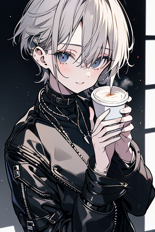 short hair,Grey Hair,Cafe,mode,Long sleeve,Black V-neck outfit,Simple clothes,Cool Beauty,28 years old,A slight smile on your lips,Small mole under left lip,coffee,Arched thin eyebrows,Gentle eyes,1 female,Holding a cup of coffee in one hand,highest quality,Hiding forehead,Bangs are parted diagonally above the eyes,Five perfect fingers,A simple silver bracelet on her left wrist,Biker Girl,Black rubber gloves,Dramatic Light, 背景にエスプレッソマシンのあるCafe,V-neck instead of high-neck,Normal body type