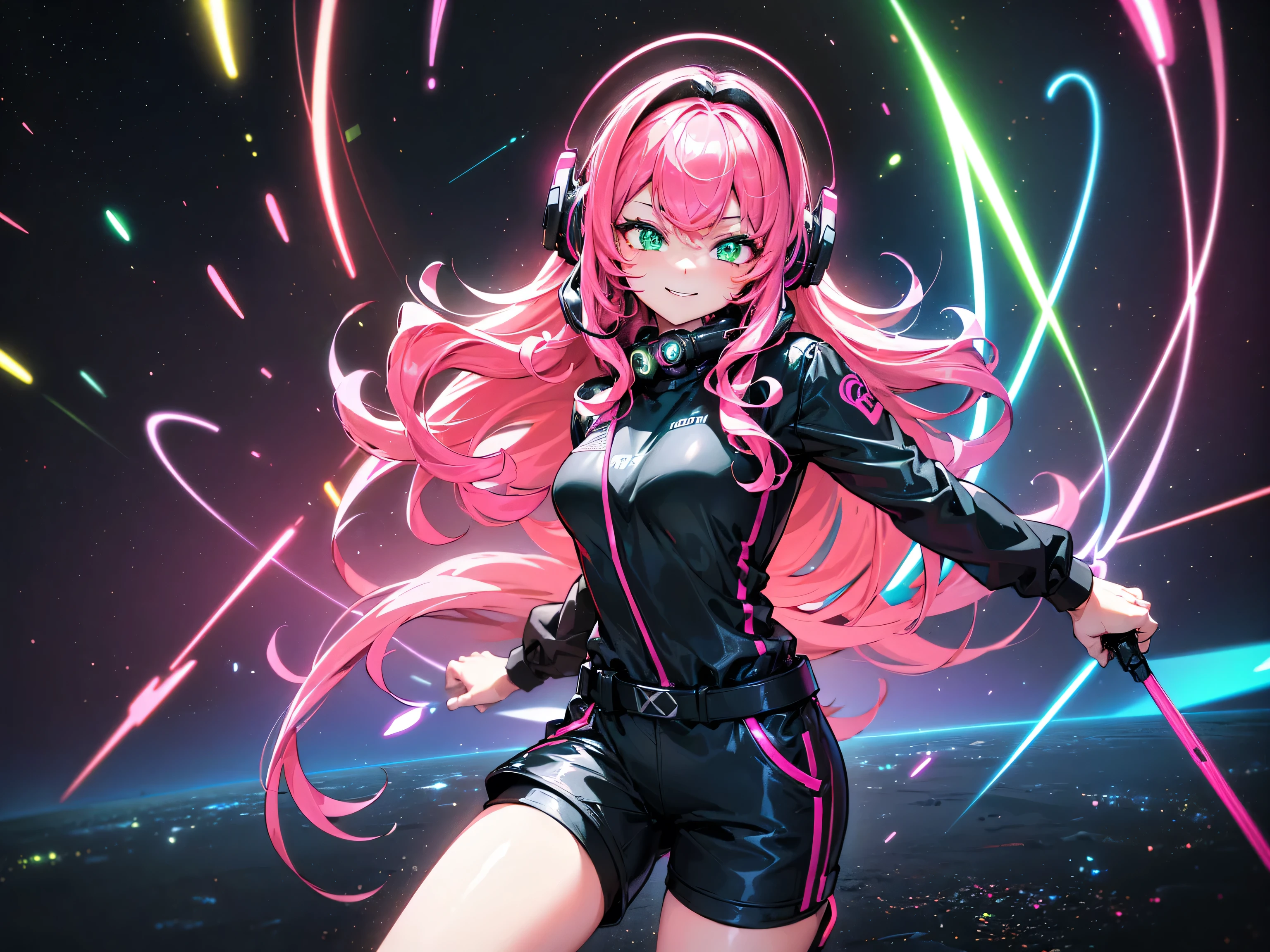 masterpiece:1.4, 1girl ((20year old, dressed in long sleeve shirt, tight black shorts, sneakers, medium breasts, multicolor pink hair, curly long hair, green eyes:1.4, Wearing headphones, happy, smiling, close up, floating in outer space:1.1 galaxy and earth in background:1.1, neon and energetic atmosphere:1.2)) ((nighttime)) ((solo:1.6))