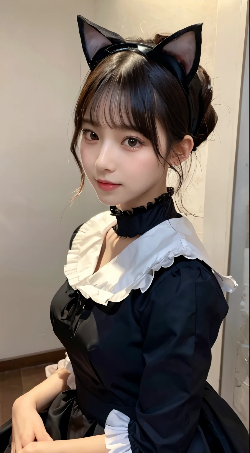 (8K、RAW Photos、Highest quality、masterpiece:1.2)、(Realistic、Realistic)、1 Girl、((Maid Costume:1.2、Thin legs、whole body、View from the front、smile、Looking into the camera、Hold your skirt with both hands and show me your black panties))、cute、Accurate Fingers