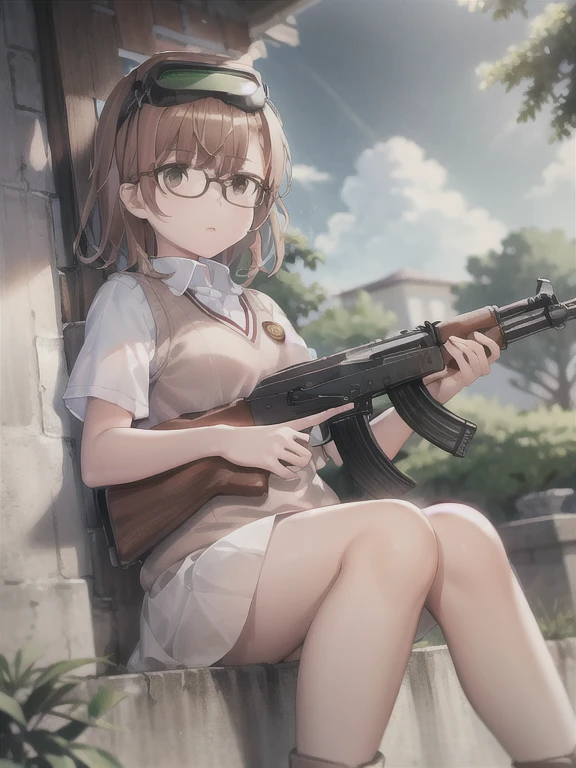 obra maestra, mejor calidad, 1 chica, Misaka 10032, arma, solo, pistola, rifle, by the chestnut, uniforme escolar tokiwadai, fusil de asalto, guantes, misaka imouto, , bufanda, Brown eyes, rodilleras, safety glasses, tree, falda, cabello corto, medias, desencadenar la disciplina, ak47, pantalla montada en la cabeza, sweater vest, session, fingerless guantes, alcance, Mikoto went up, safety glasses on head, loose medias, botas