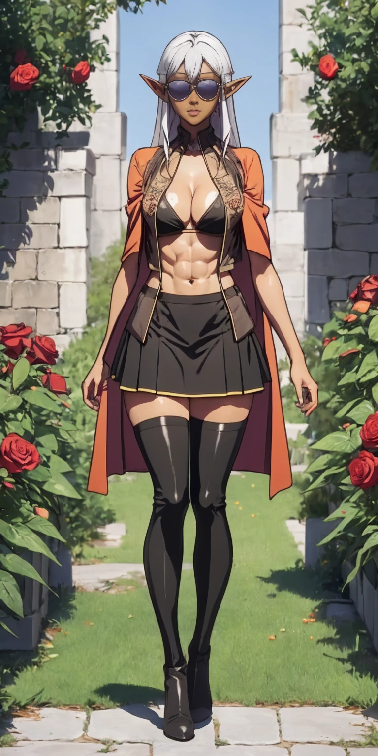 Full body, masterpiece, female elf Dark skin standing pose (kuro Gyaru dark elf pirotess black skin) (yellow tiger ), red cape, red , long white hair, strong body, abs, Shiny Skin, Sunglasses, FEMALE, , voluminous , curvy , mesh stockings, standing with a bouquet (red roses), full height, bottom view, best quality, very detailed, ultra 8k resolution, , coat , vest, long skirt, portrait, full body, Victoria's clothing, long dress, knight, pants, black skin suit, medieval city, plants, vest, polo shirt, forest, long skirt