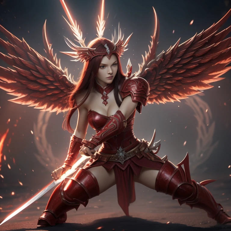 Erza Scarlet in combat stance with a sword in each hand, she wears armor with angel wings