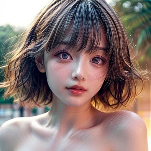 (Acutance:0.85), Masterpiece of 8K Ultra-detailed, (RAW photorealistic:1.37), Tiny girl wearing tube-top dress、Tropical Beach、evening、Stroll along the beach、(Gazing at the sunset, colorful sky)、(Orange rays illuminating face, close-up:1.4), Gust of wind . (((Extremely detailed NOGIZAKA face))), perfect anatomy, Childish, captivating gaze, elaborate detailed Eyes with (sparkling highlights:1.3), long eyelashes、Glossy RED Lips with beautiful details, Coquettish tongue, Rosy cheeks, ((Radiant natural skin) with clear transparency) . { (Dynamic joyful expressions) | (:d) }, (Light Particle;1.25, God rays), (no Large eyes).