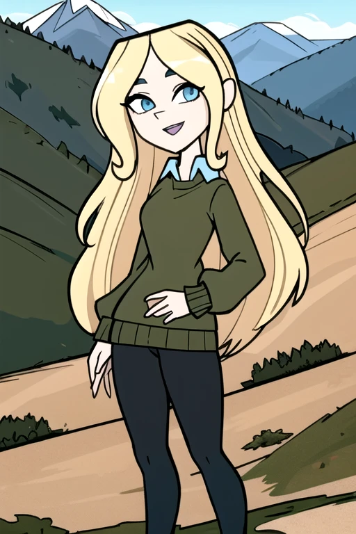 ((Best quality)), ((Masterpiece)), (detailed), (4K quality), (Detailed face:1.2), (Detailed eyes:1.2), (Perfect figure:1.2), absurdres, Dawn_Total_Drama, long blonde hair, bright blue eyes, pale skin, (Wearing: olive green sweater, black leggings, white boots:1.2), solo, smiling, looking at viewer, cowboy shot, cinematic composition, dynamic pose, (Background: Outdoors, overlooking valley, redwood trees, view of the mountains)