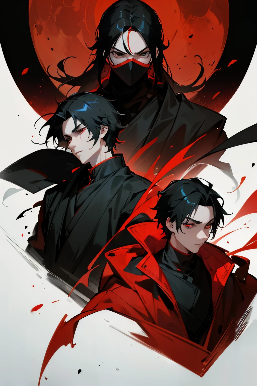 Two black-haired, black-eyed young men in ninja outfits, a blood moon. Put on a giant mask