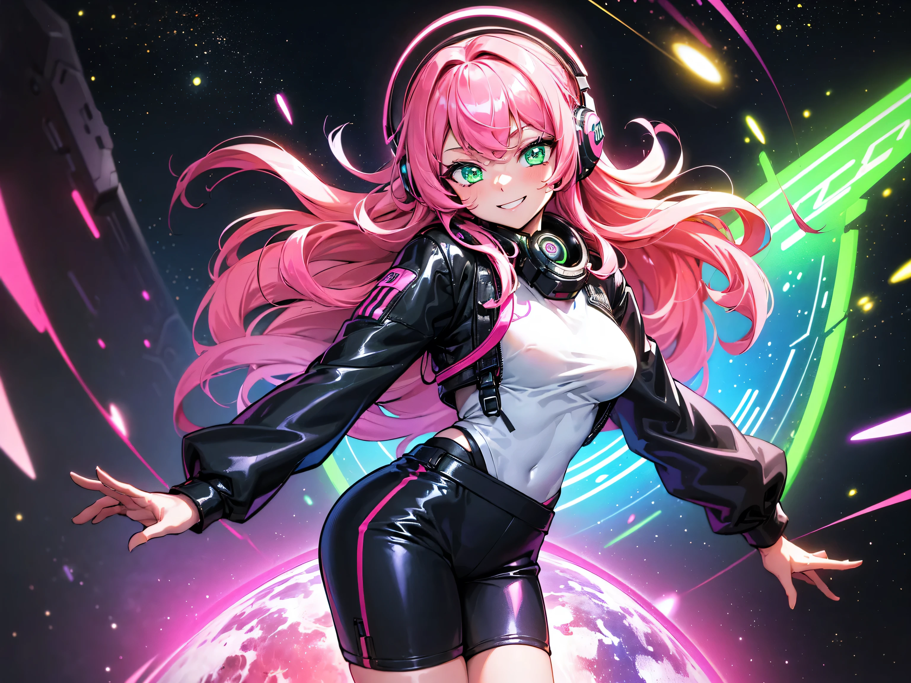 masterpiece:1.4, 1girl ((20year old, dressed in long sleeve shirt, tight black shorts, sneakers, medium breasts, multicolor pink hair, curly long hair, green eyes:1.4, Wearing headphones, happy, smiling, close up, floating in outer space:1.1 galaxy and earth in background:1.1, neon and energetic atmosphere:1.2)) ((nighttime)) ((solo:1.6))