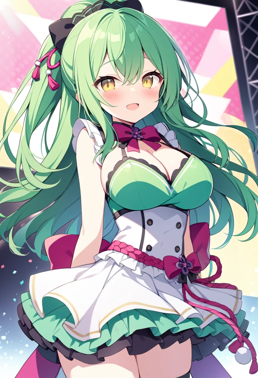 KOKONOESHINOBU, GREEN HAIR, LONG HAIR, YELLOW EYES,, large breasts, live stage, solo,