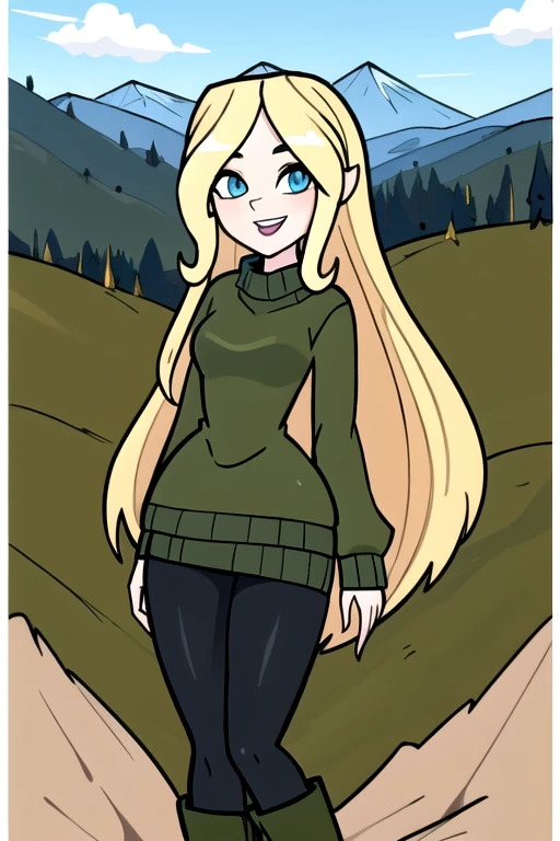 ((Best quality)), ((Masterpiece)), (detailed), (4K quality), (Detailed face:1.2), (Detailed eyes:1.2), (Perfect figure:1.2), absurdres, Dawn_Total_Drama, long blonde hair, bright blue eyes, pale skin, (Wearing: olive green sweater, black leggings, white boots:1.2), solo, smiling, looking at viewer, cowboy shot, cinematic composition, dynamic pose, (Background: Outdoors, overlooking valley, redwood trees, view of the mountains)