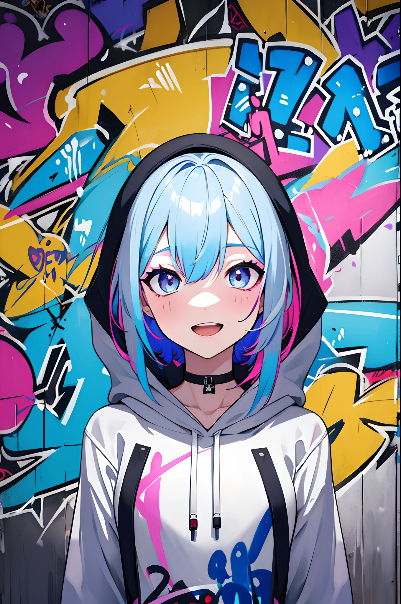 masterpiece, high quality, highres, absurdres, ultra-detailed, 8k, 1girl, platinum grey hair, blue hair, multicolored hair, gradient hair, looking at viewer, colorful eyes, colorful hoodie, (graffiti murals wall background:1.15), brilliant colorful paintings, bloom, portrait, open mouth, waist bag, against wall, bangs, shadow, reflection, Graffiti face, colourful eyes, open mouth, yandere expression, smile, look at viewer