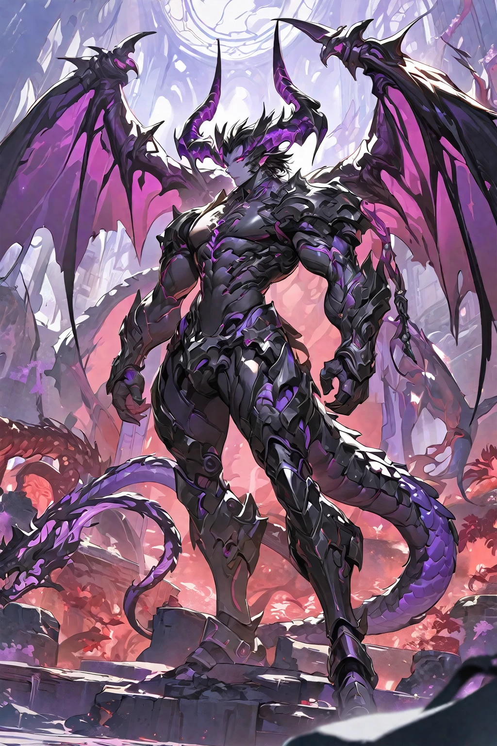 Best quality 8K resolution, Highly detailed, Digital Painting, Concept art, of the highest quality, One, beautiful, 1 man, adult man, with a sporty body, V-shaped body, black detailed armor with glowing purple details, black demonic horns, with large and long dragon wings, short hair, black hair, purple with red tones reptile eyes, purple threads, black light