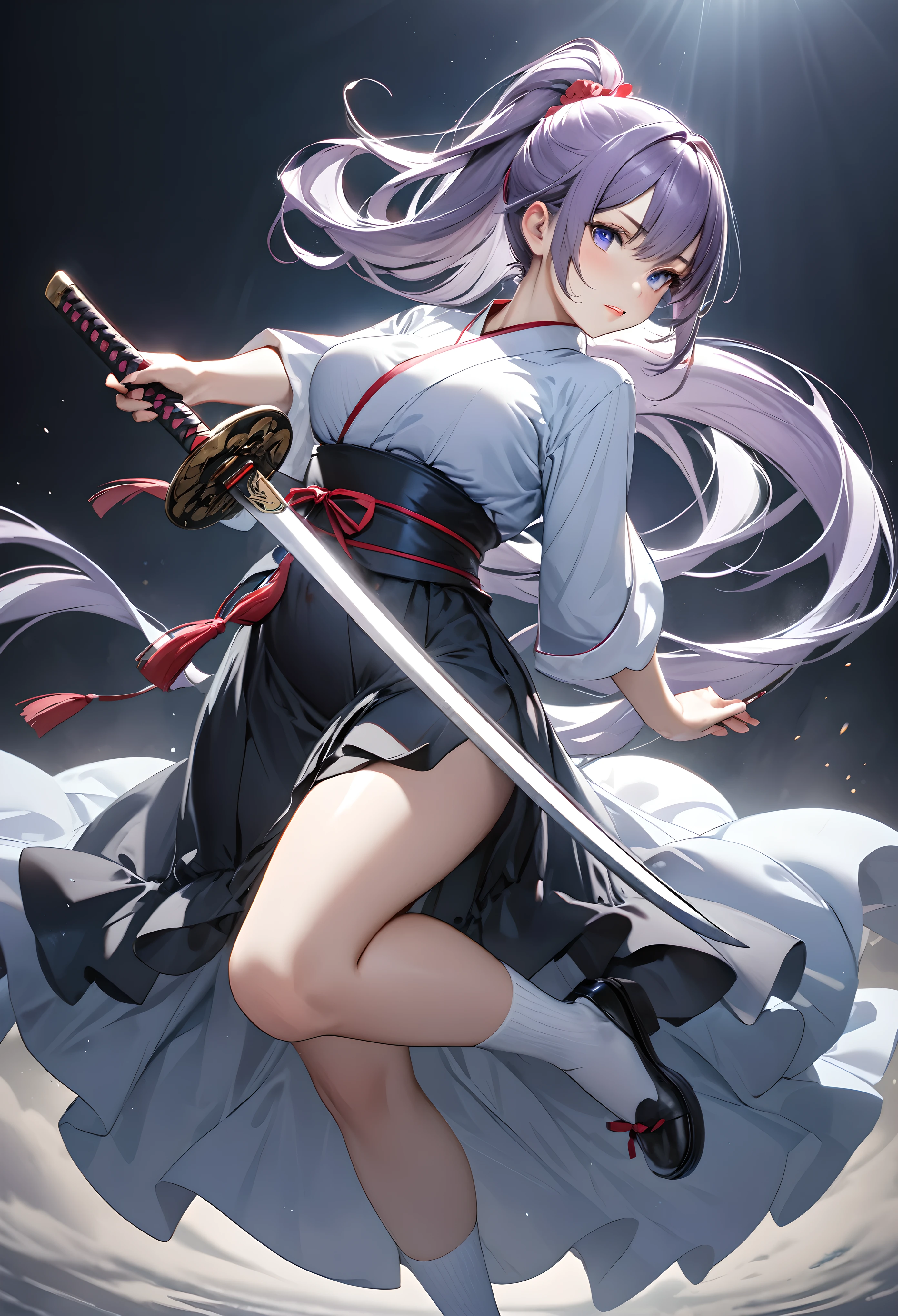 Ultra-realism, highest quality, Highest quality, Highest Resolution, 
BREAK: Precise and clear depiction, Detailed and realistic skin texture, aesthetic, 
1. BREAK ((Cryptic Girl)), [Maid|Female Swordsman], Indifference, kind, 
BREAK (long-haired in a ponytail, White-purple gradation:1.3), Detailed and delicate, 
BREAK Strong and fleeting eyes, Blue Eyes, Transparency, Reflection of light, Gloss, aesthetic, 
BREAK Detailed and beautiful skin texture, Expressing an attractive softness, aesthetic, 
BREAK Luxury Costume, [Mata Hari|Woman warrior], The suppleness of silk, silk texture, Silk Gloss, Long, Transparency, aesthetic, 
BREAK Slim and plump, attractive legs, Short Japanese white tabi socks, Short socks reaching down to the ankles, Cotton texture, 
2. BREAK Reflection of light, sunshine, 
BREAK Fighting with a Japanese sword, 
BREAK Dark Fantasy, Transparent pastel colors, Fantastic Fog, For fantastic images, 
3. BREAK Ultra-realism,Delicate depiction, Highest quality, Highest Resolution, 
BREAK Perfect and dynamic composition, Shoot from the most attractive perspective, 
BREAK Mysterious Light, Puzzling expressions, Surprise and impress all your viewers, 
BREAK Emphasizing the presence of the subject, Cinematic Lighting Effects, Fantastic iridescent colors, 
BREAK Blacklight, holographic, cryptic, 
BREAK (Are standing:1.0), Holding a Japanese sword in front of the chest, 
BREAK (Full Body Shot:1.5), 