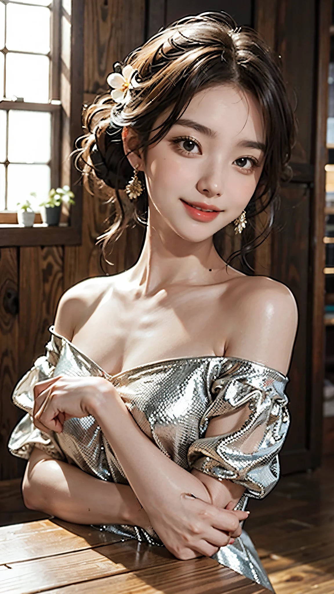 1girl, offshoulder, light smile, shiny skin, best quality, masterpiece, (photorealistic:1.4)